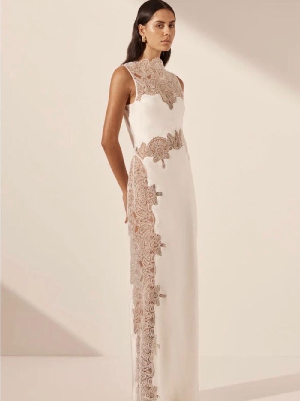 Shona Joy Ivory Maxi Dress with Beige Lace Appliqué